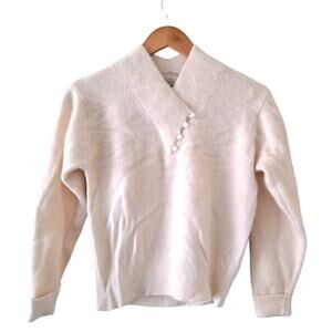 Yarnworks Wool Blend Ivory V-neck Diagonal Button Closure Long Sleeve Sweater-SP